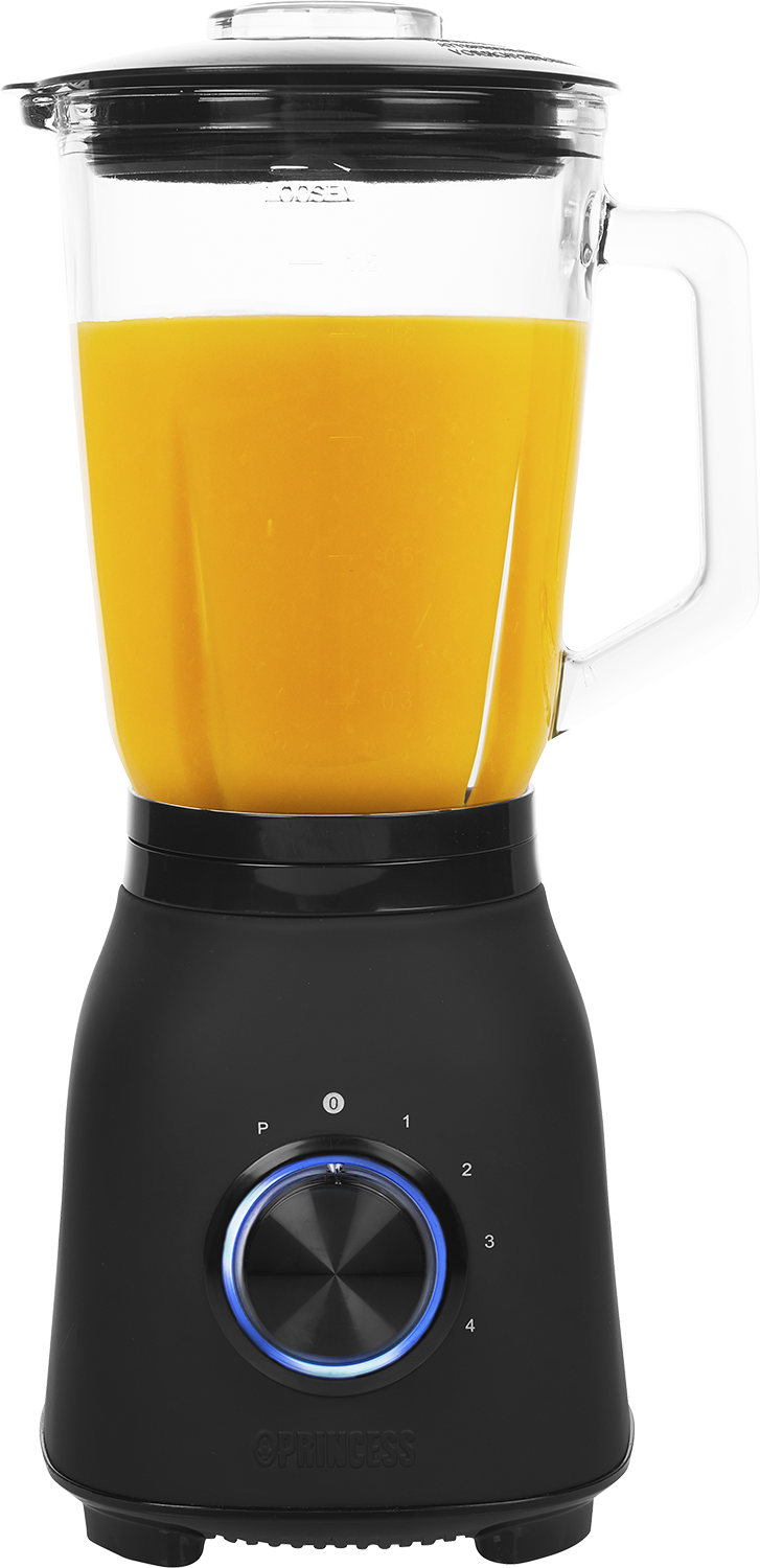 Black blender with orange juice inside, a clear glass, and a blue light on the base.