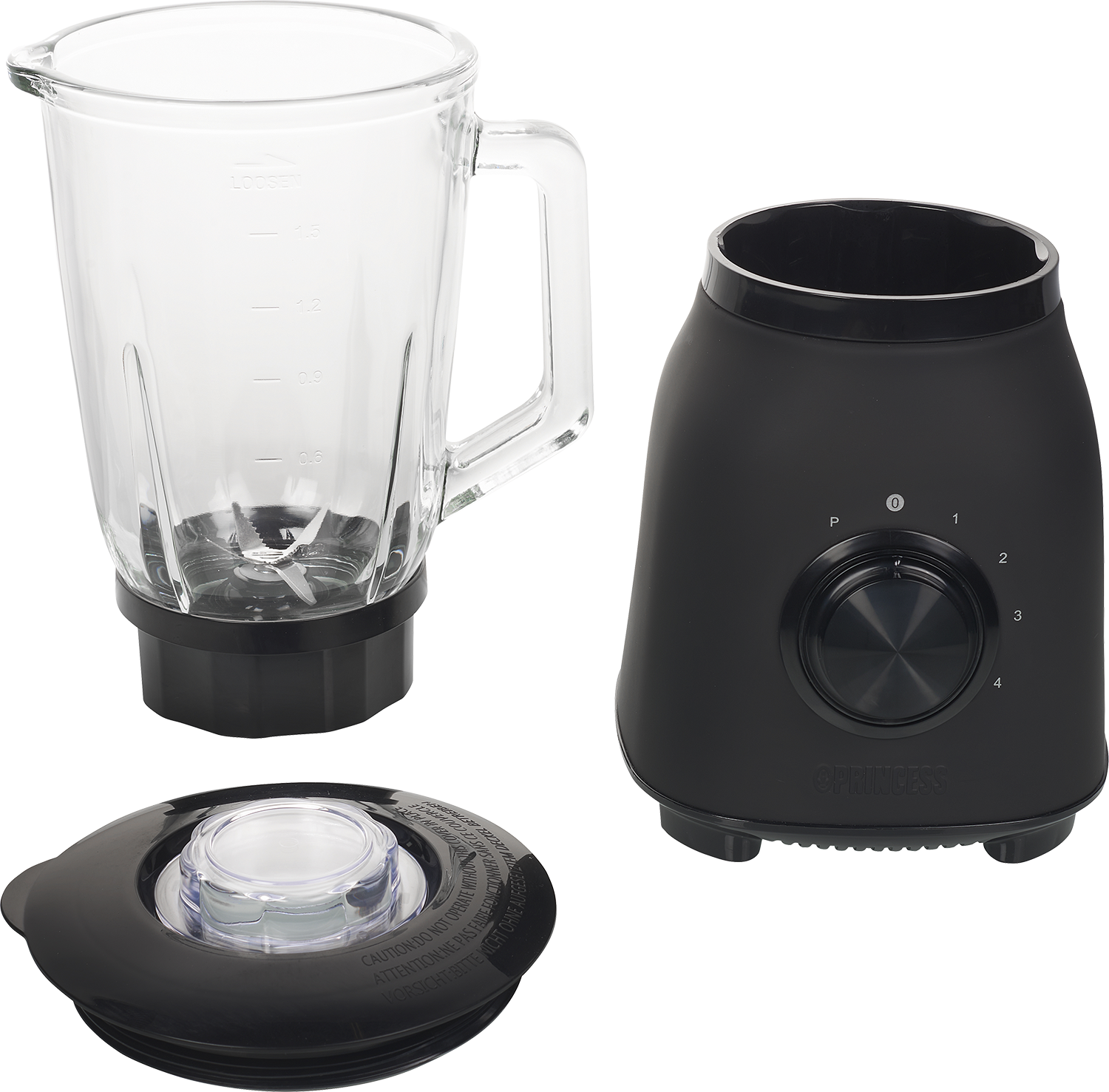 Blender components: glass jar, black base with controls, and lid. White background.