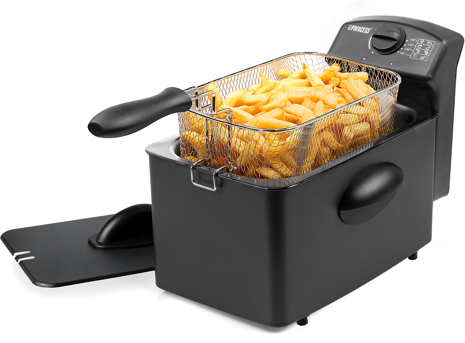 Black Princess deep fryer with french fries in the basket.