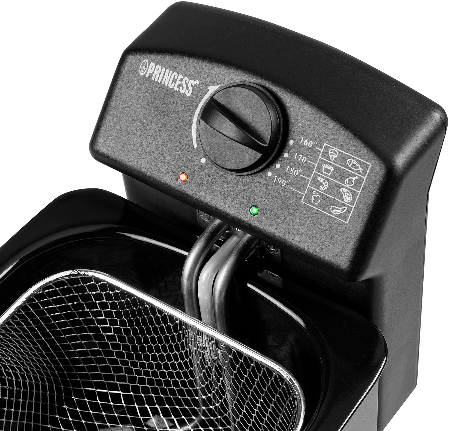 Black deep fryer with control panel and basket, on a white surface.
