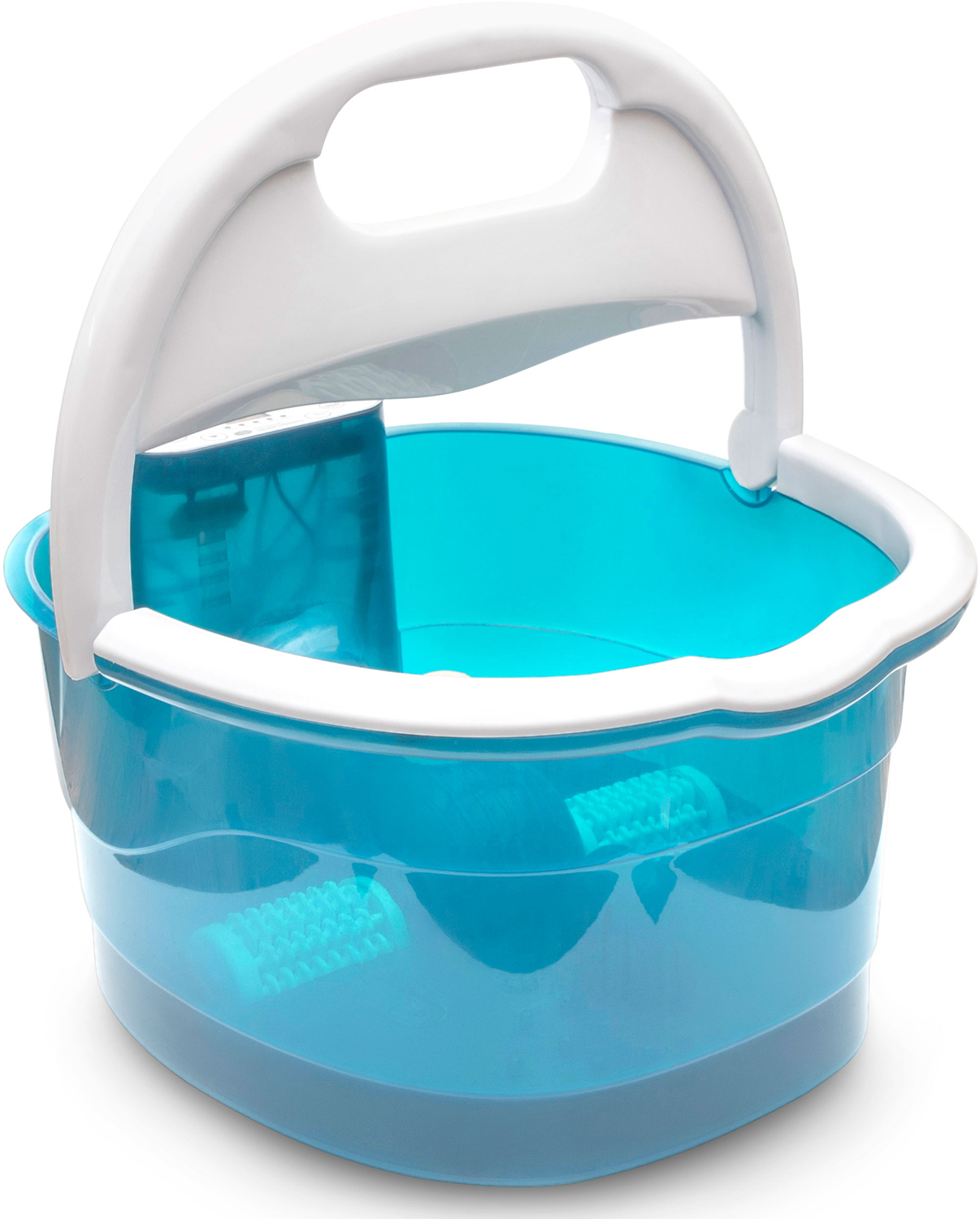 Blue and white foot spa. It has a handle and massage rollers inside. The handle is white and arched.