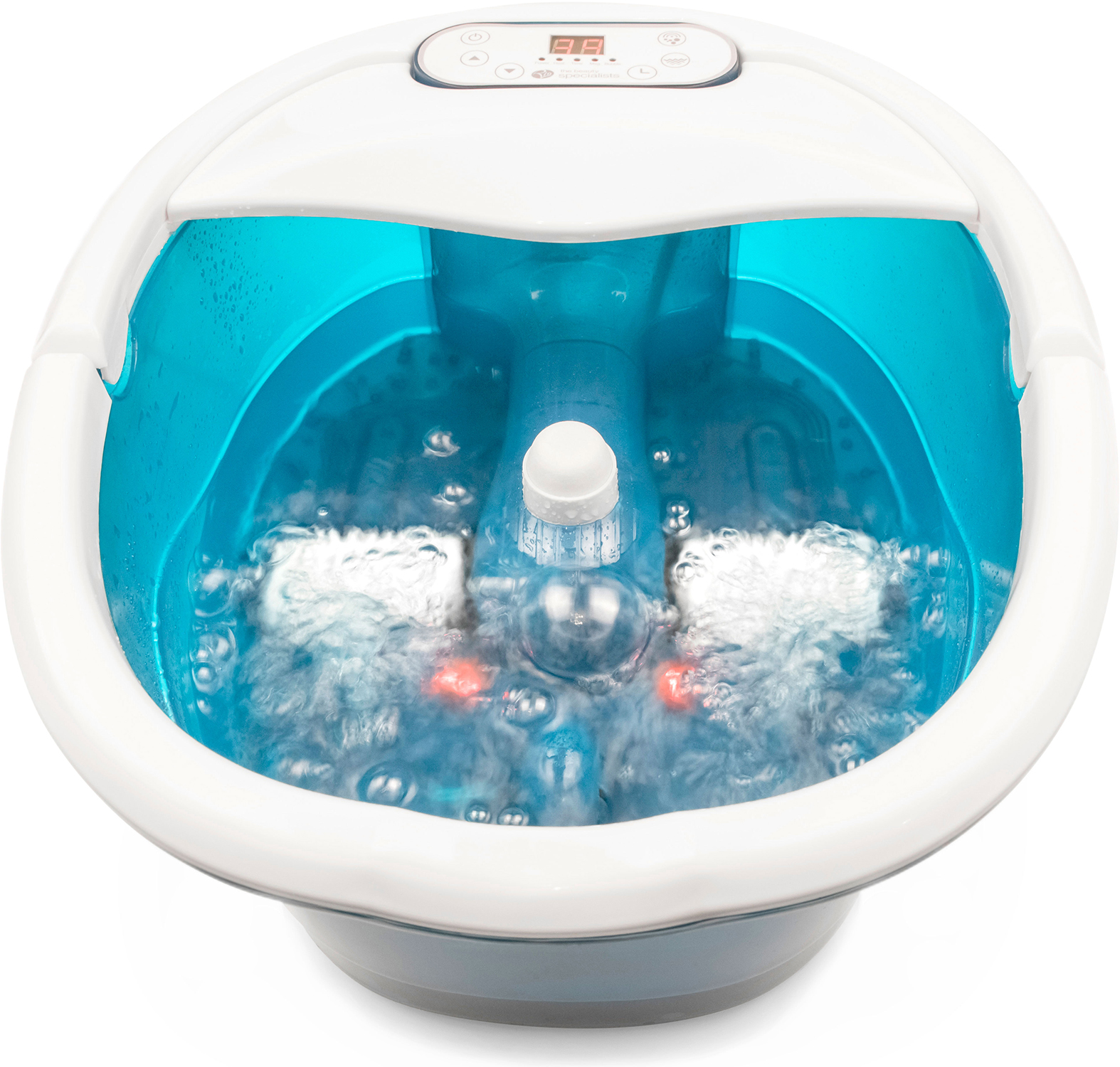 A foot spa filled with blue water. Bubbles are visible. It has a digital display and buttons.