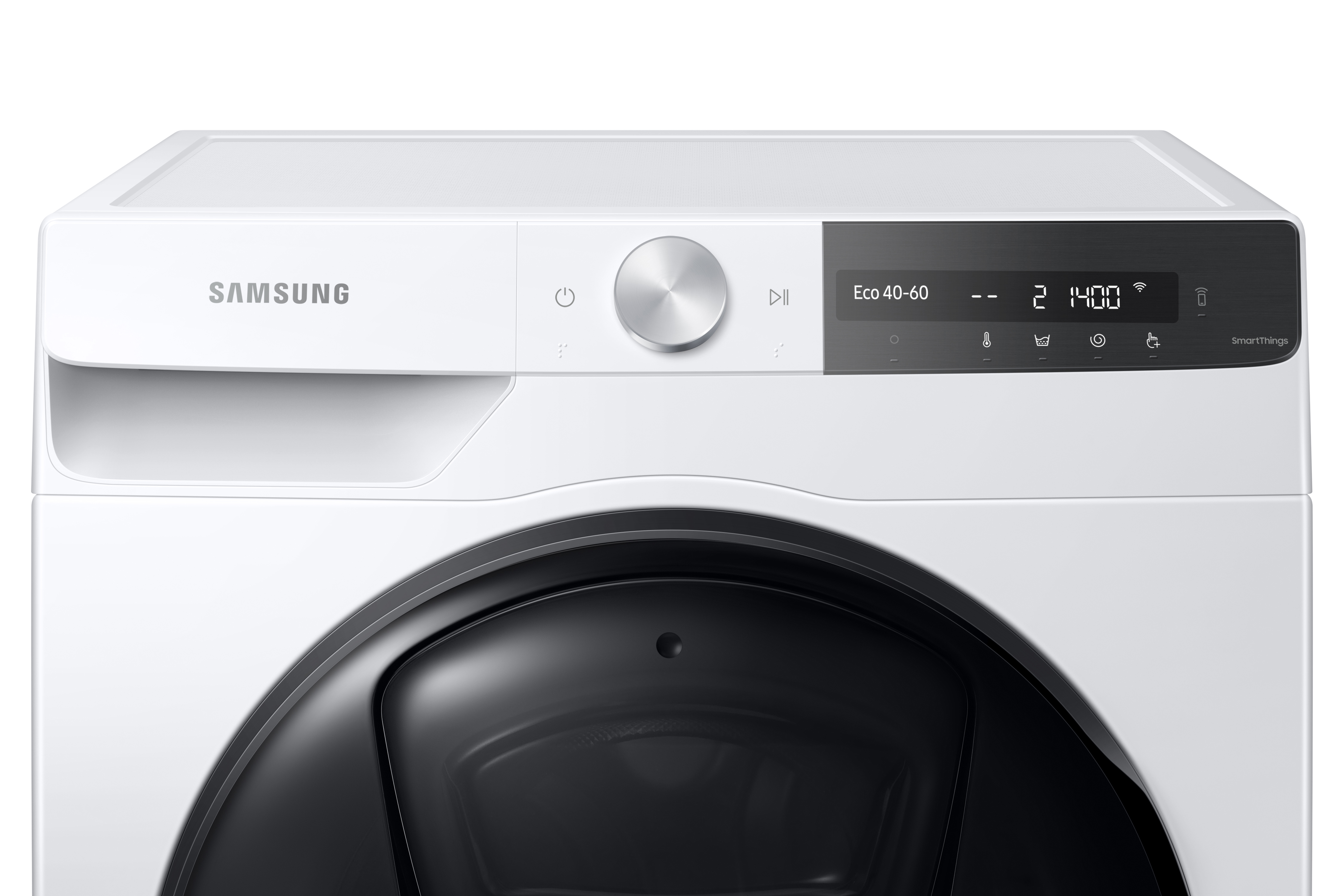 Sèche-linge Samsung blanc. Panneau supérieur avec commandes et affichage numérique, porte noire avec intérieur métallique.