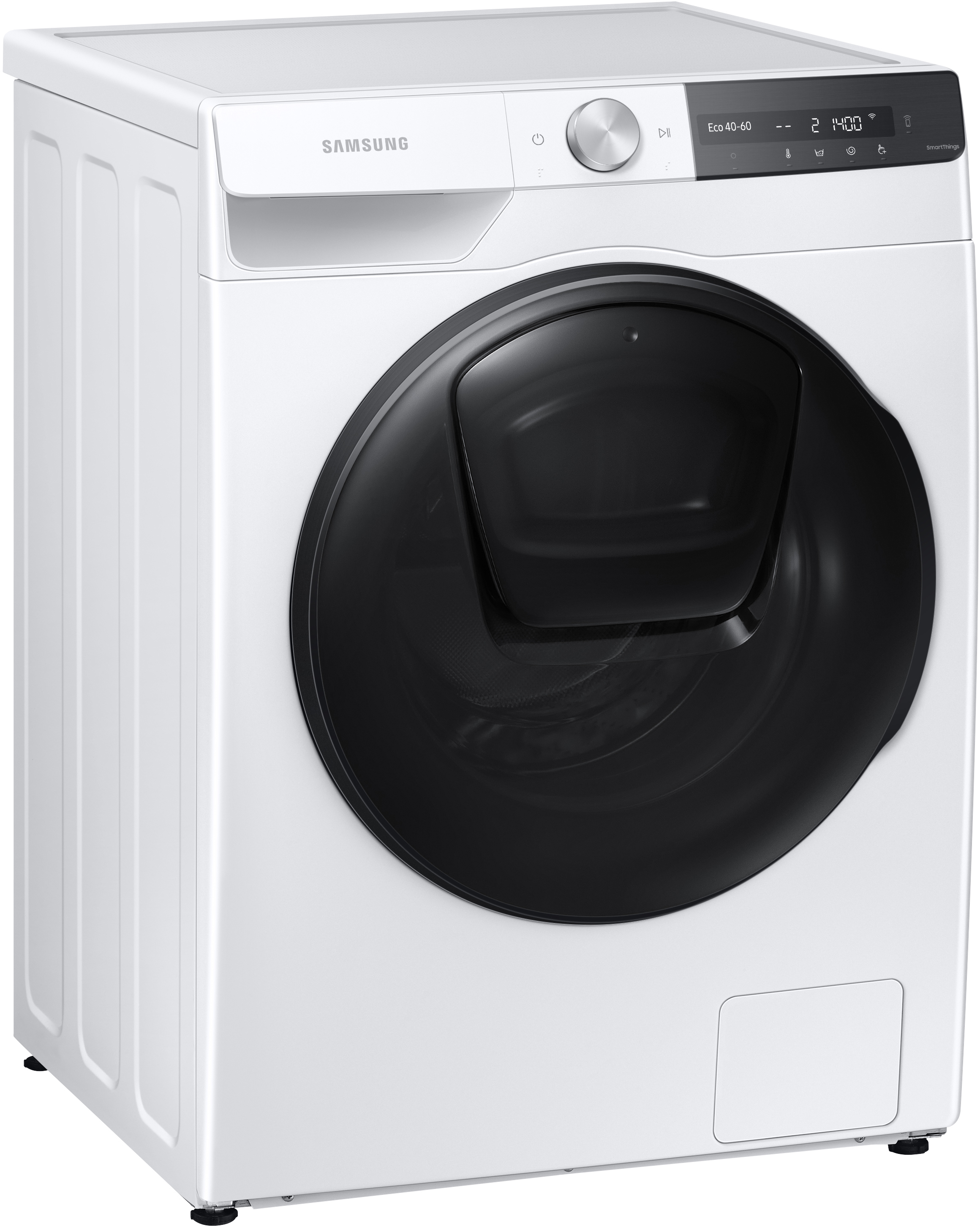 Sèche-linge Samsung blanc. Vue en angle. Porte noire avec intérieur nid d'abeille. Panneau de commande en haut.