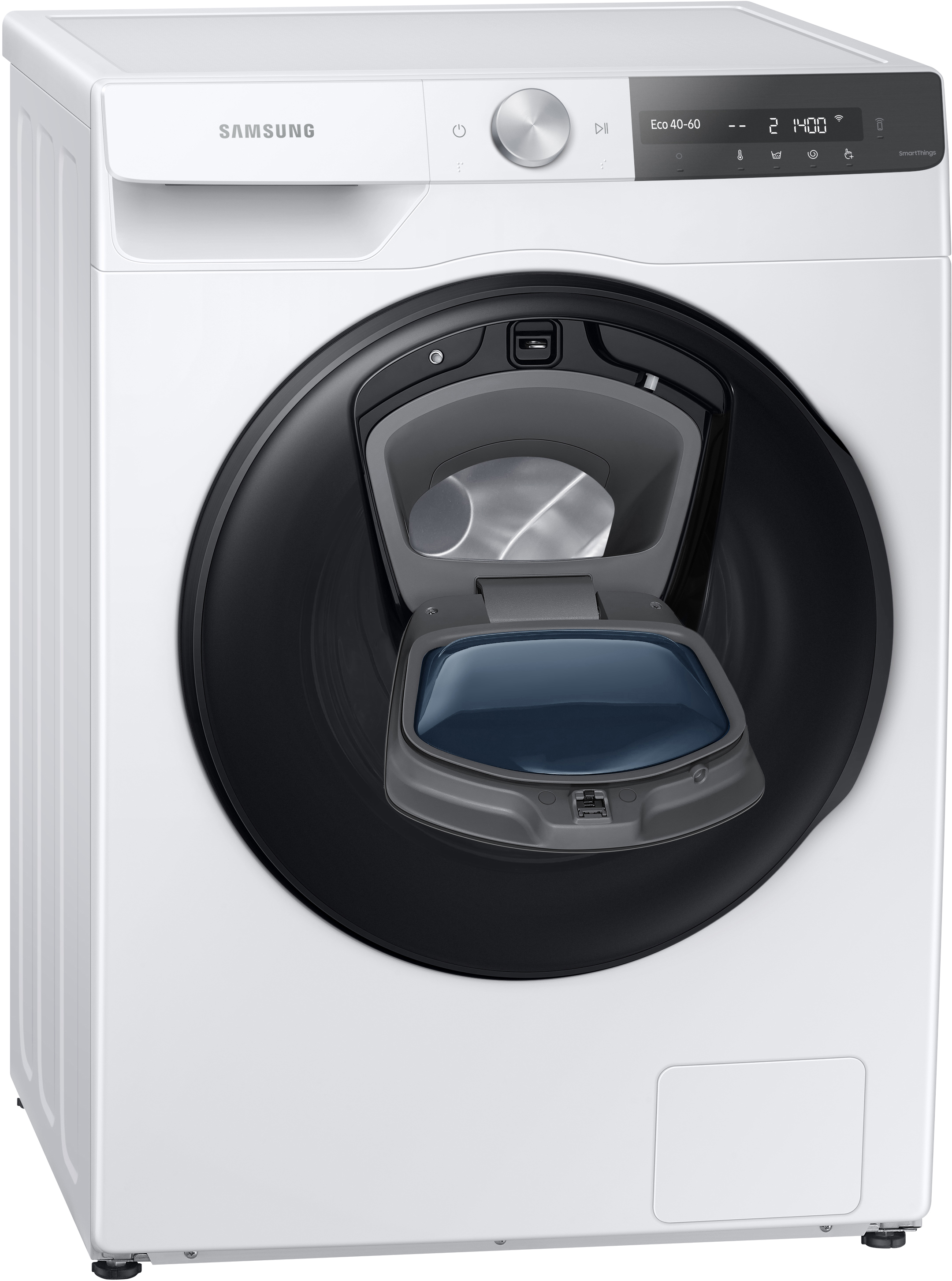 Un lave-linge Samsung blanc avec une porte noire ouverte, révélant un distributeur de détergent bleu.