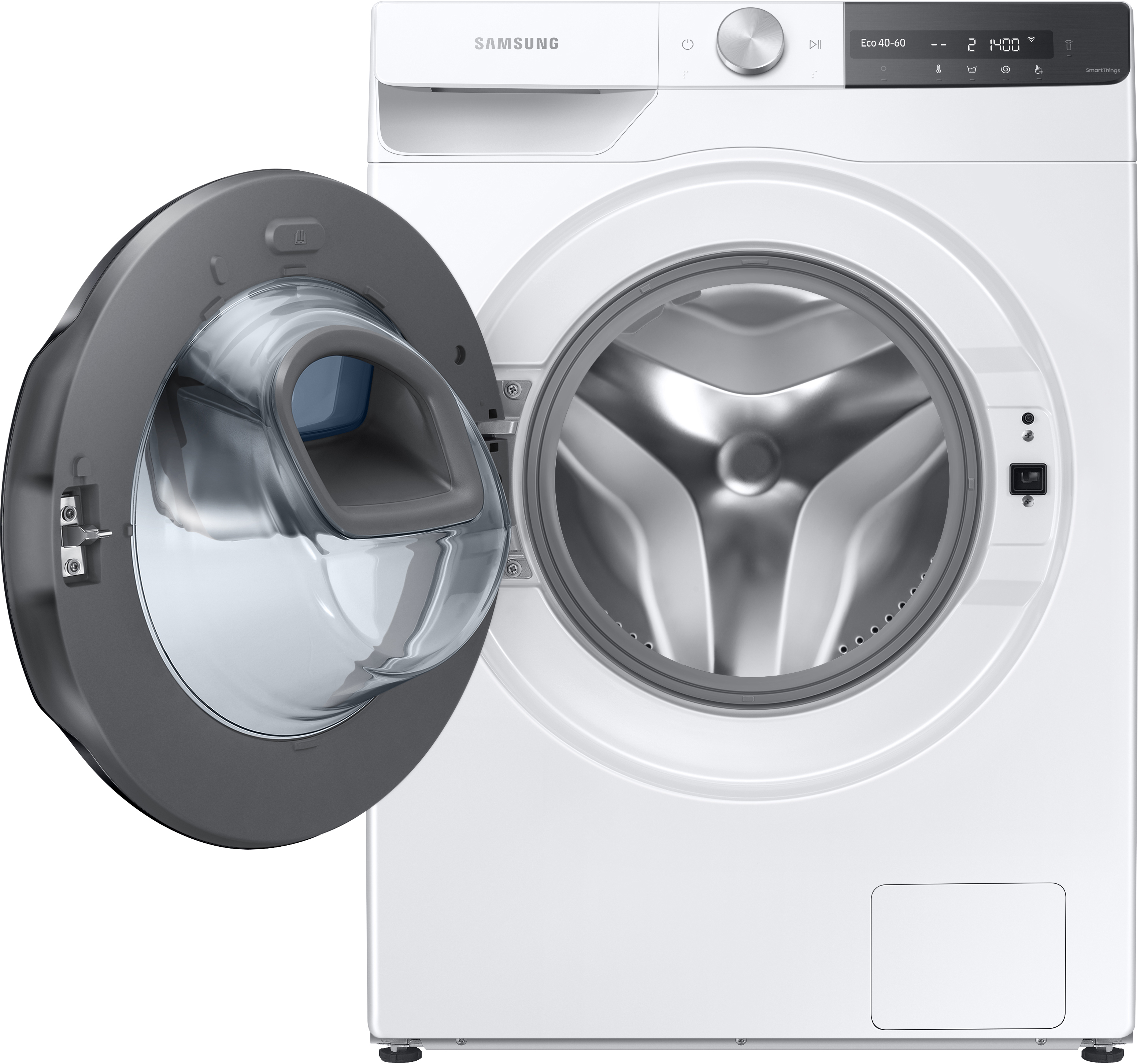 Lave-linge Samsung blanc, porte ouverte, tambour visible. Cadre gris, panneau de contrôle en haut.