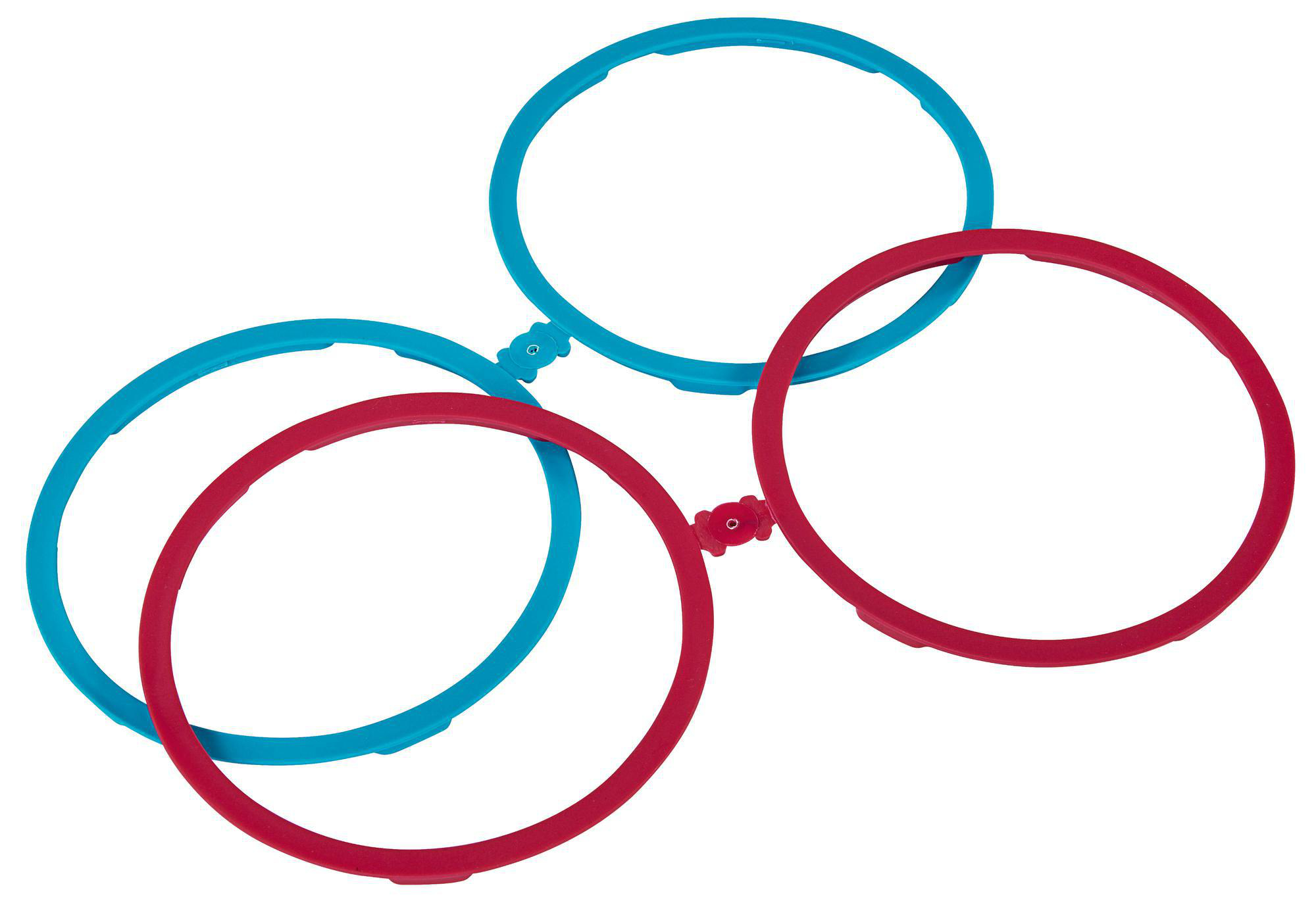 Drei Silikonringe, zwei blaue und einer rot.