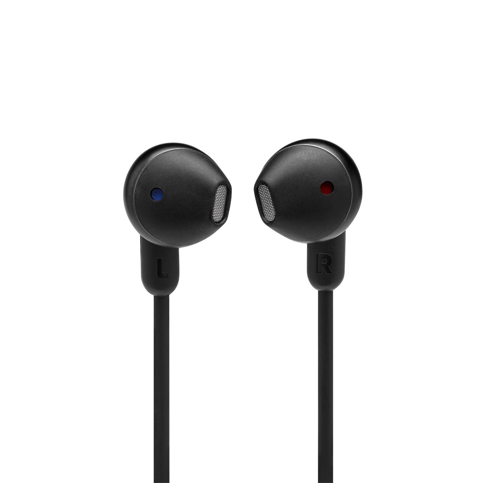 Schwarze JBL-Ohrhörer mit roten und blauen Indikatoren auf weißem Hintergrund.