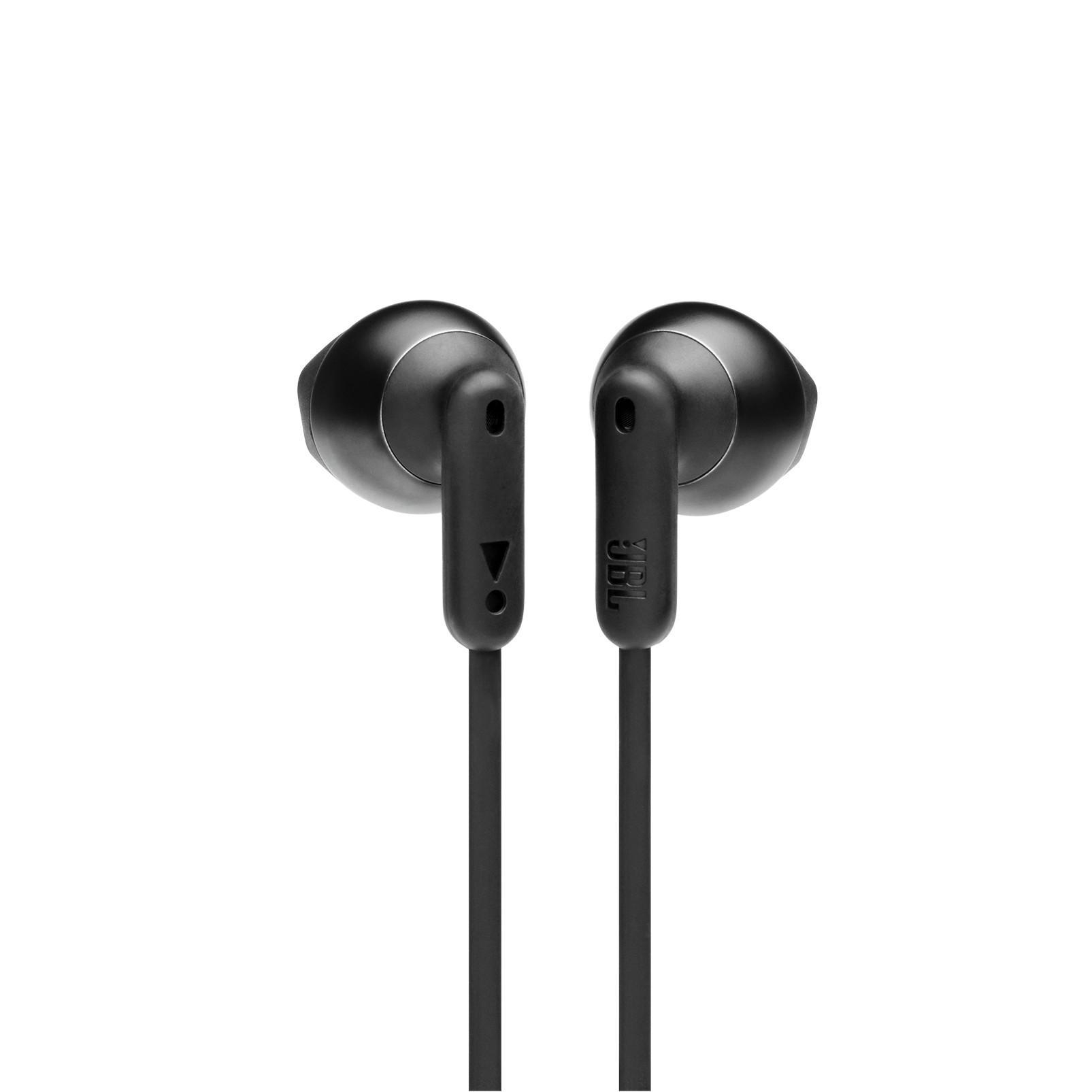 Schwarze JBL-Ohrhörer mit verbundenem Kabel. Weißer Hintergrund.