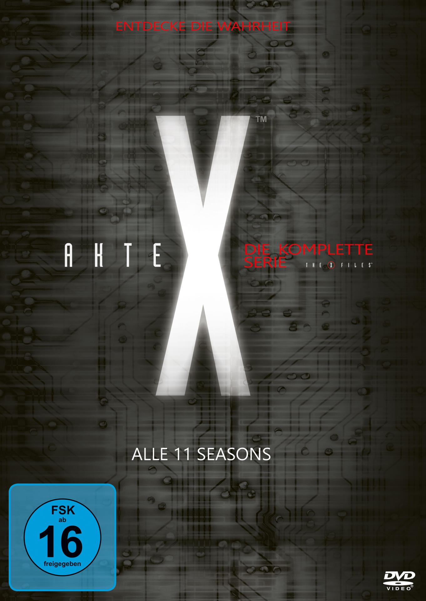 DVD-Box-Set der X-Files-Serie mit großem X und Text auf dunklem Hintergrund.