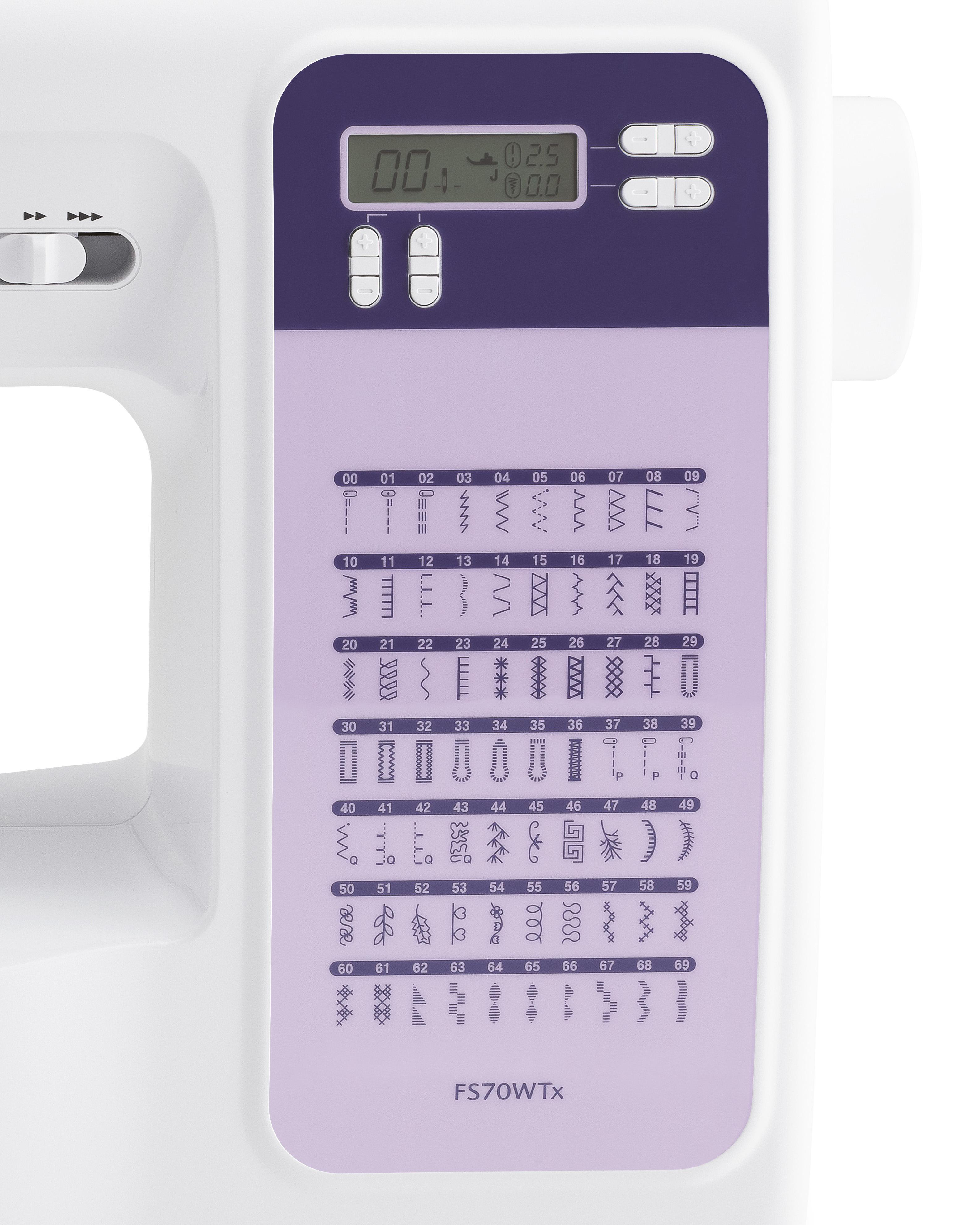 Bedienfeld einer weiß-lila Nähmaschine mit digitalem Display und Stichmusterauswahl.