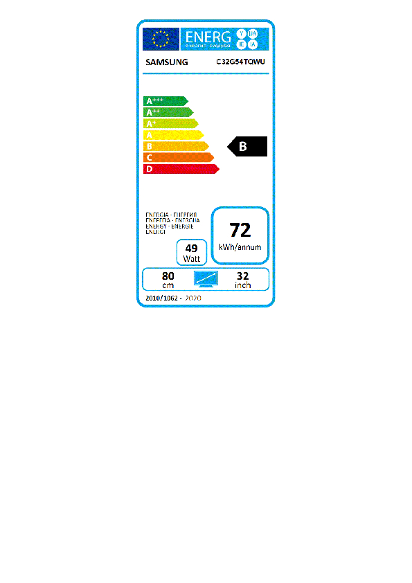 Ein Energielabel für einen Samsung-Fernseher. Es zeigt eine B-Energieeffizienzklasse mit Spezifikationen.