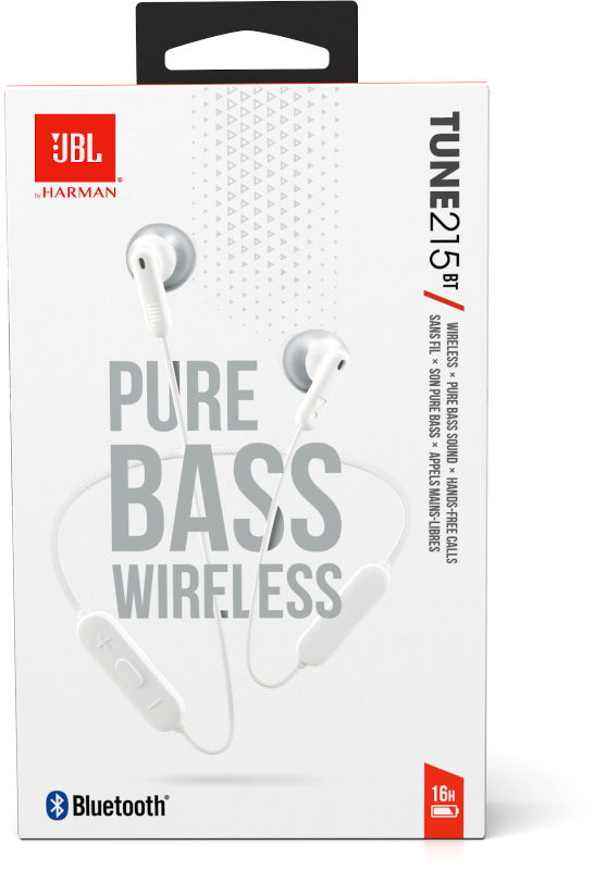 Weiße JBL Kopfhörerbox mit sichtbaren Kopfhörern. Text 'Pure Bass Wireless'.