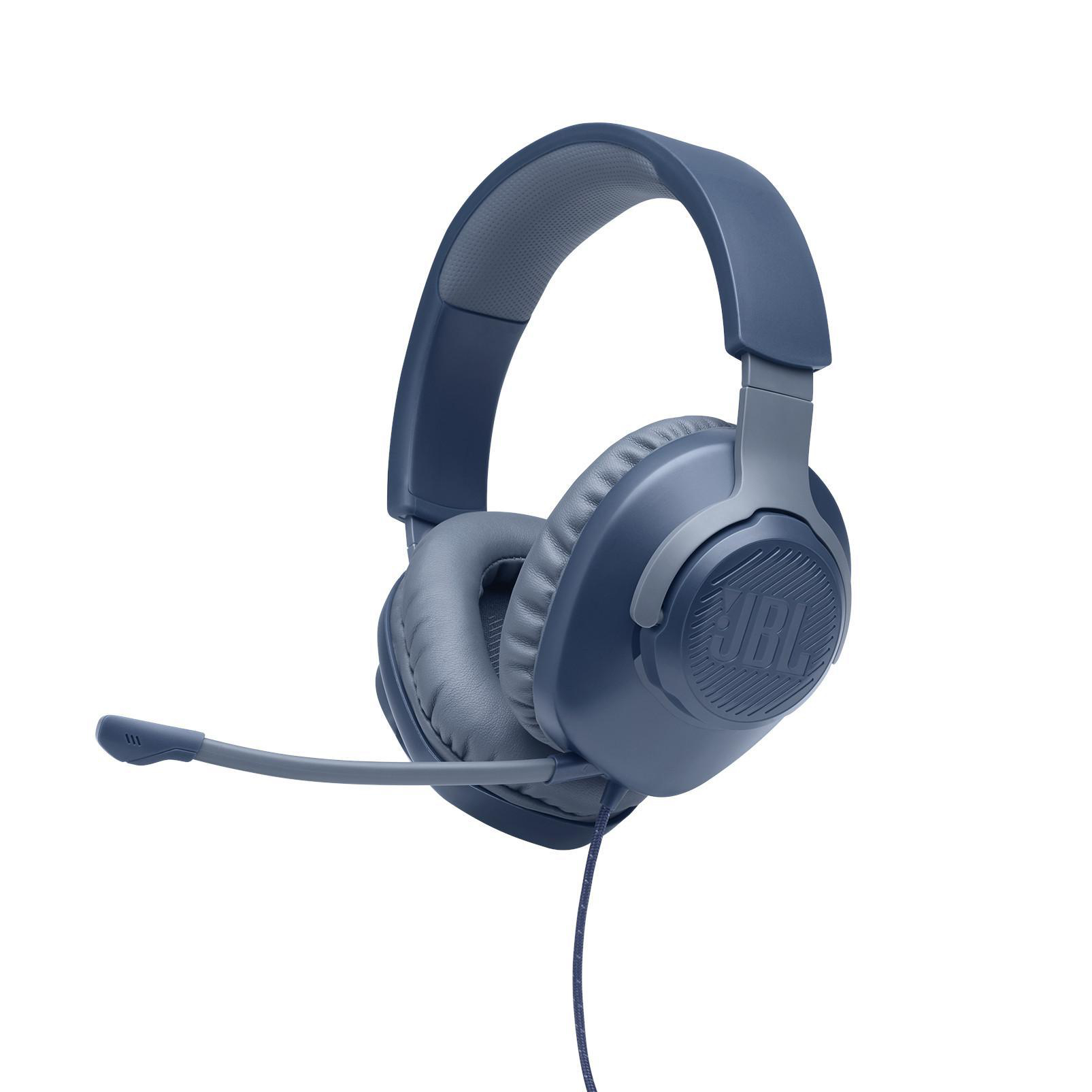 Blau-graues JBL-Gaming-Headset mit Mikrofon auf weißem Hintergrund.