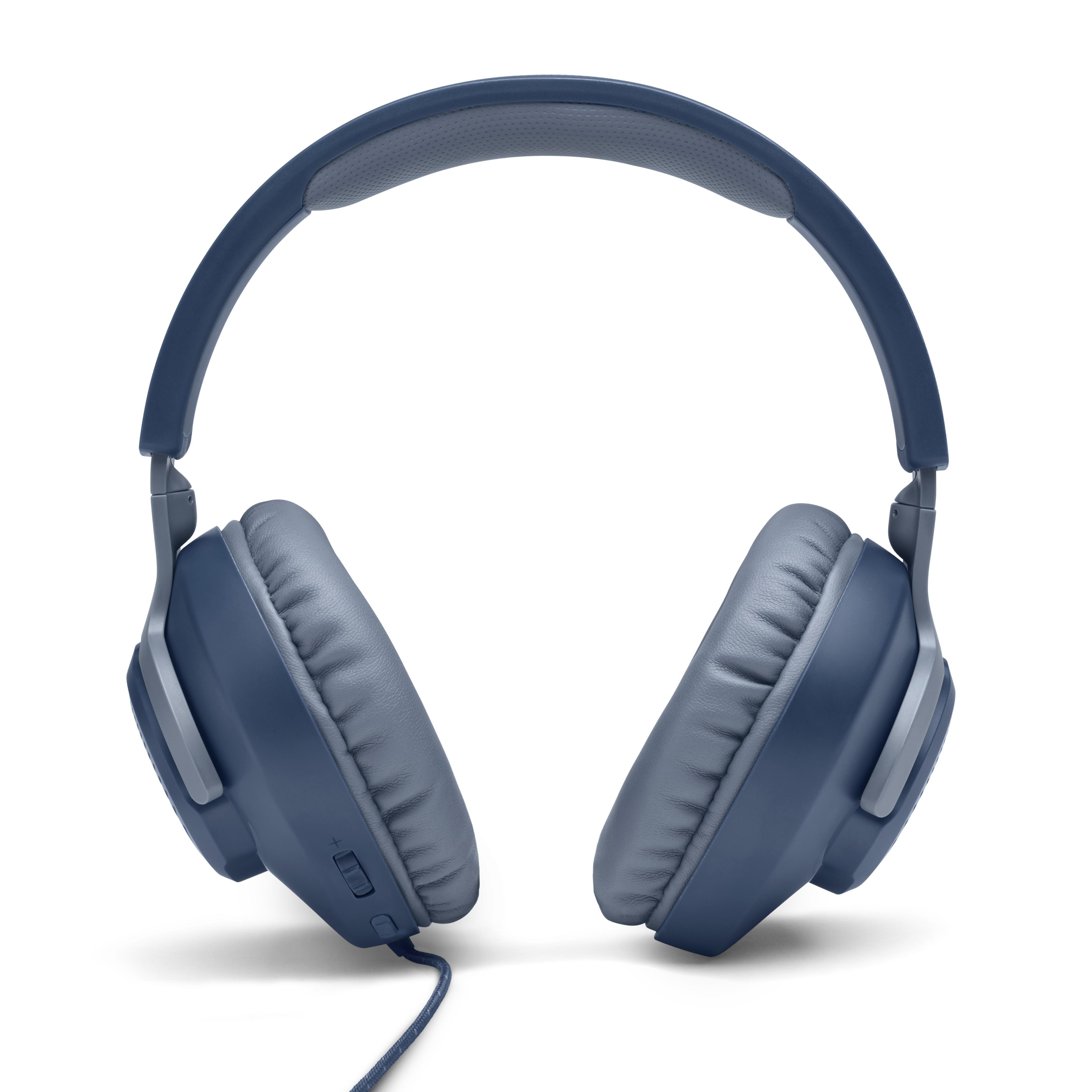 Blaue JBL Kopfhörer auf weißer Oberfläche, Draufsicht.