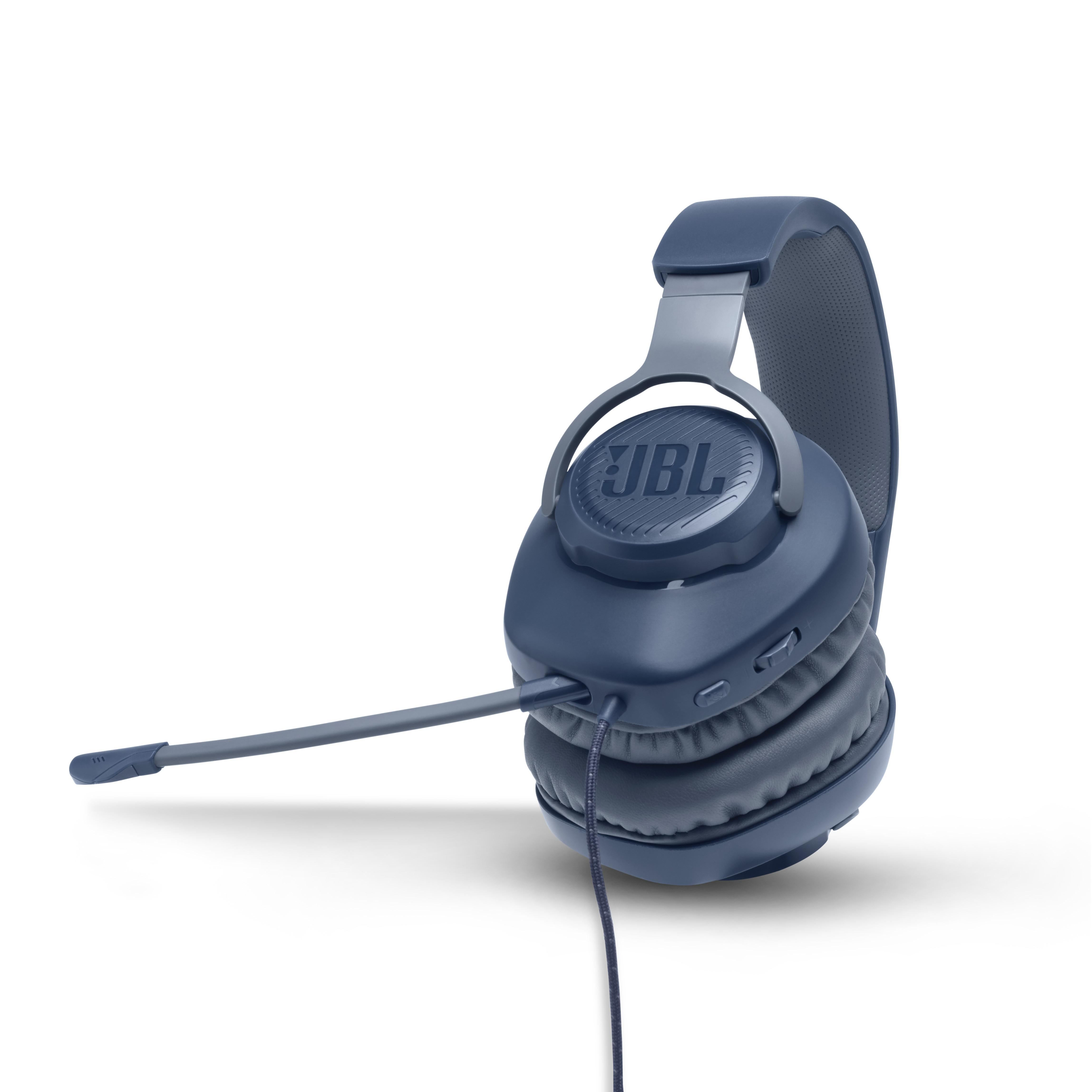 Blaues JBL-Headset mit Mikrofon, auf weißem Hintergrund. Das JBL-Logo ist sichtbar.