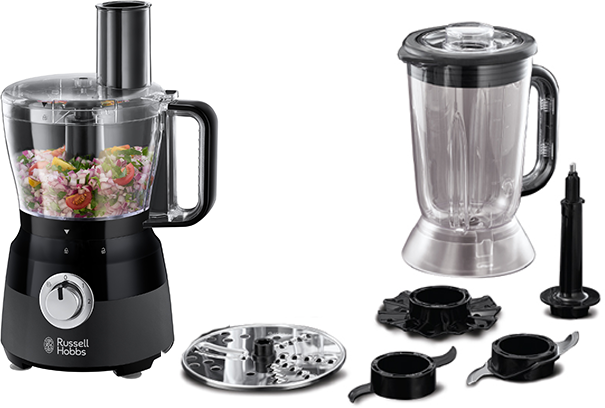 Twee keukenapparaten: een zwarte keukenmachine en een transparante blender met opzetstukken.