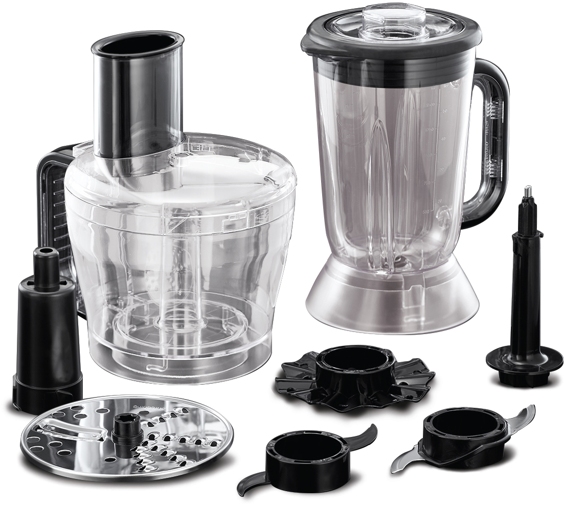 Gedemonteerde keukenmachine en blender met diverse zwarte onderdelen.