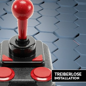 Arcade-Joystick mit rotem Griff und Knöpfen auf blauem Sechseck-Hintergrund.
