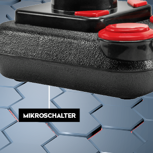 Nahaufnahme eines schwarzen Joysticks mit roten Knöpfen, das Wort MIKROSCHALTER in einer weißen Box.