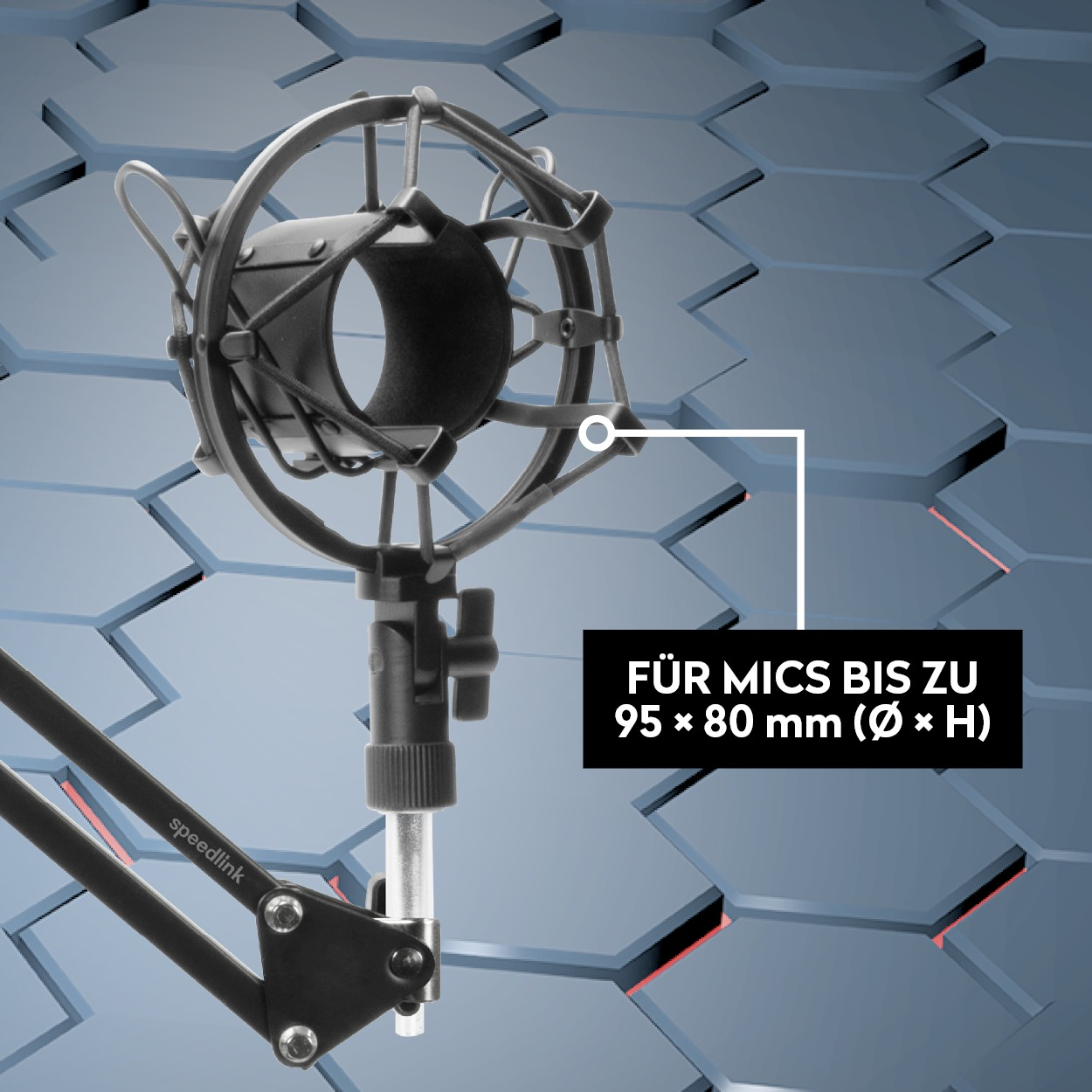 Mikrofonhalterung auf einem Ständer, mit Text: FÜR MICS BIS ZU.