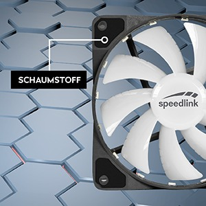 Nahaufnahme eines Computerlüfters mit dem Wort 'SCHAUMSTOFF'.