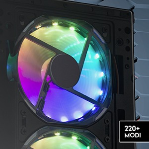 Computerlüfter mit Regenbogenfarben. Der Lüfter ist in einem Gehäuse eingebaut.