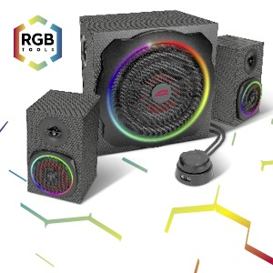 Ein Set von RGB-Lautsprechern mit Subwoofer und zwei kleineren Lautsprechern.