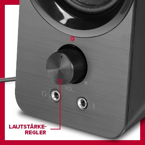 Nahaufnahme eines Lautsprechers mit Lautstärkeregler, zwei Audiobuchsen und 'LAUTSTÄRKE-REGLER'.