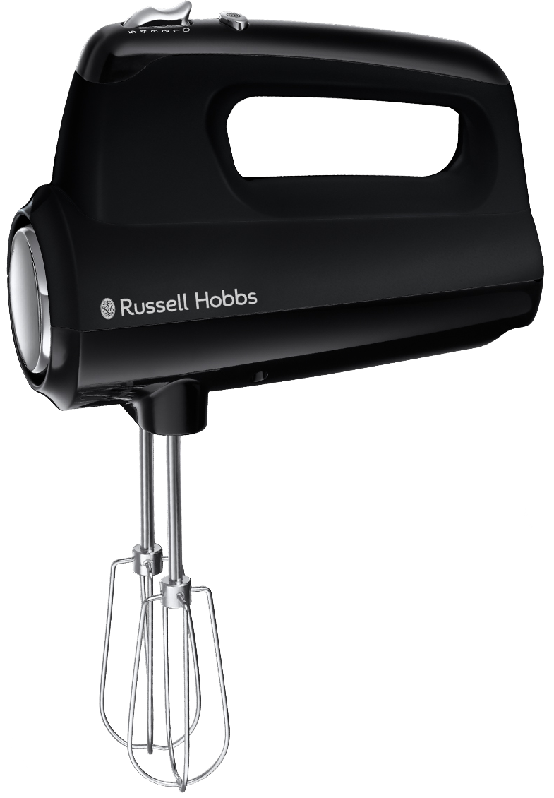 Zwarte handmixer met zilveren gardes. Russell Hobbs-logo aan de zijkant.
