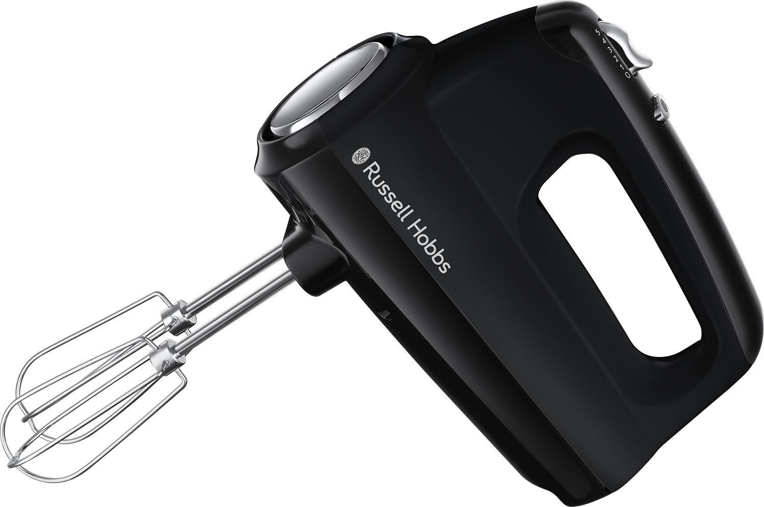 Zwarte Russell Hobbs handmixer op een wit oppervlak. Het heeft twee kloppers.