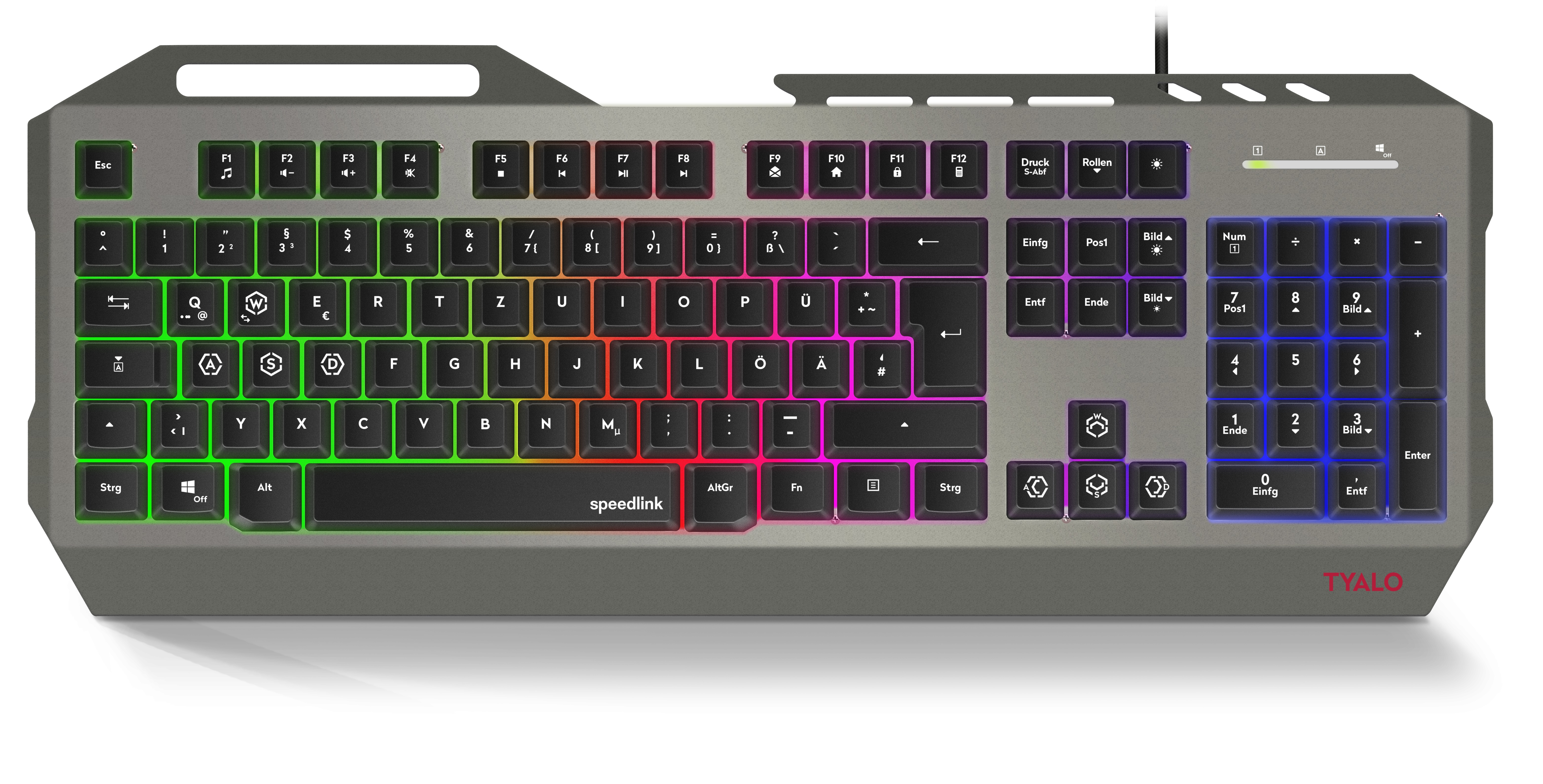 Eine graue Tastatur mit bunten Tasten, mit Speedlink-Text auf der Leertaste.