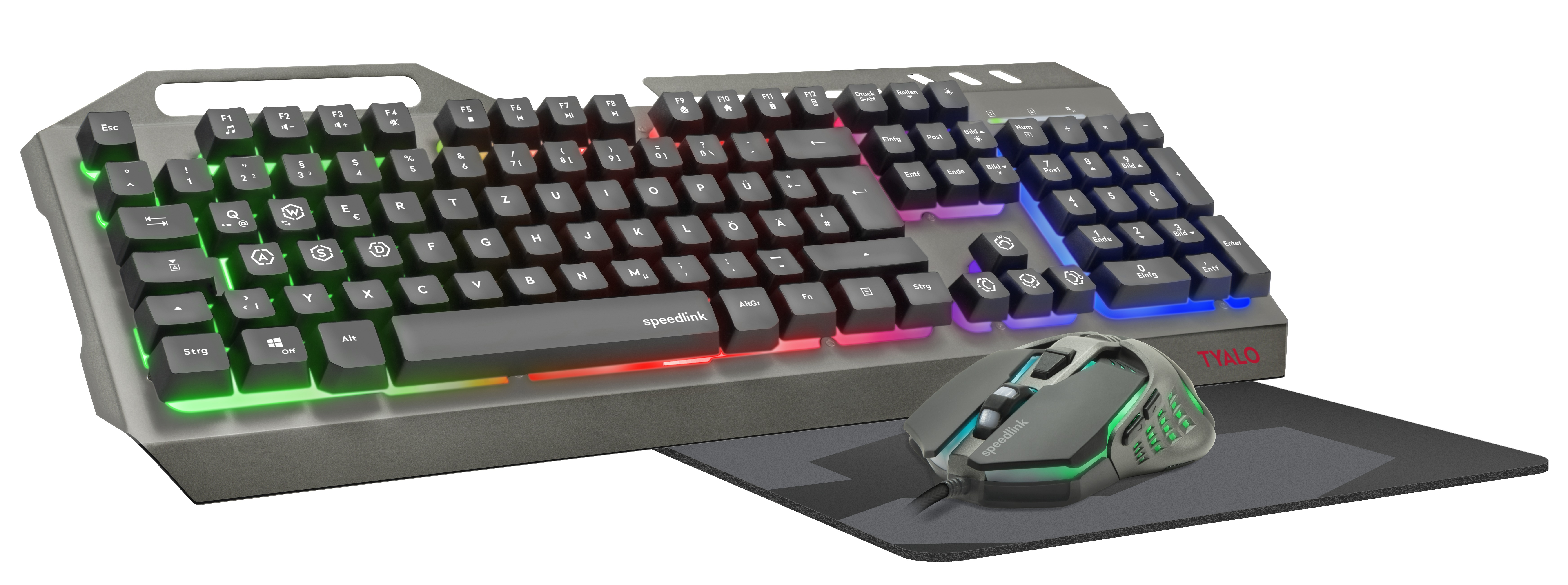 Graue Gaming-Tastatur und -Maus, beide mit bunten LED-Lichtern, schwarzes Mauspad.