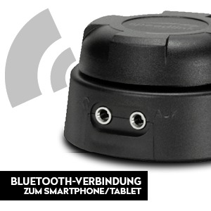 Schwarzes Bluetooth-Gerät. Zwei Audioanschlüsse. Drahtloses Signal-Symbol. Text: Bluetooth-Verbindung zum Smartphone/Tablet.