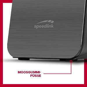 Eine Computerkomponente mit dem Wort "speedlink" oben und "Moosgummi-Füsse" darunter.