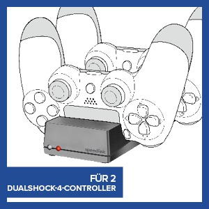 Zeichnung eines Gamecontrollers mit Ladestation. Text: 'FÜR 2 DUALSHOCK-4-CONTROLLER'.