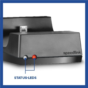 Nahaufnahme eines schwarzen Geräts mit zwei Status-LEDs, einer roten und einer blauen, und dem Speedlink-Logo.