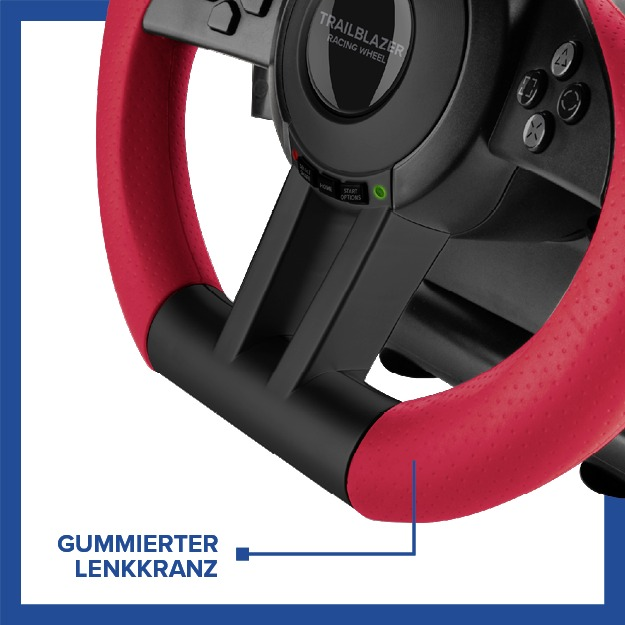 Nahaufnahme eines rot-schwarzen Lenkrads. Der Text 'Trailblazer Racing Wheel' ist sichtbar.