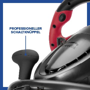 Nahaufnahme eines schwarzen Game-Controllers, der einen Knopf und einen Griff mit dem Text: PROFESSIONELLER SCHALTKNÜPPEL zeigt.