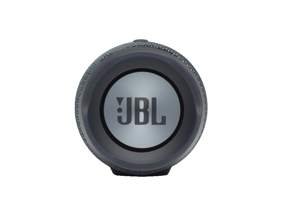 Altavoz JBL gris mostrando el logotipo, sobre fondo blanco.