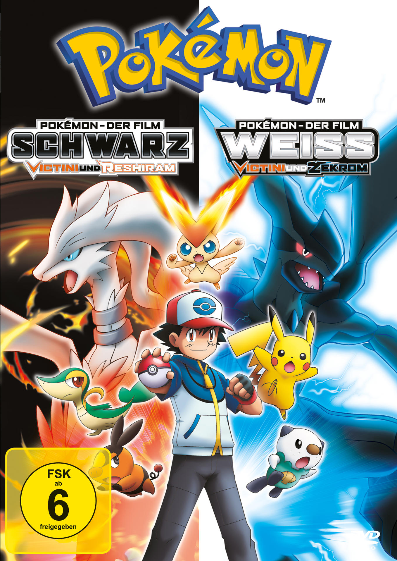 DVD-Cover des Pokémon-Films, schwarz und weiß geteilt. Es zeigt Ash, Pikachu und andere Pokémon.