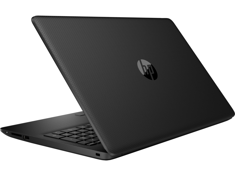 HP logolu, siyah dizüstü bilgisayar, arka görünüm.