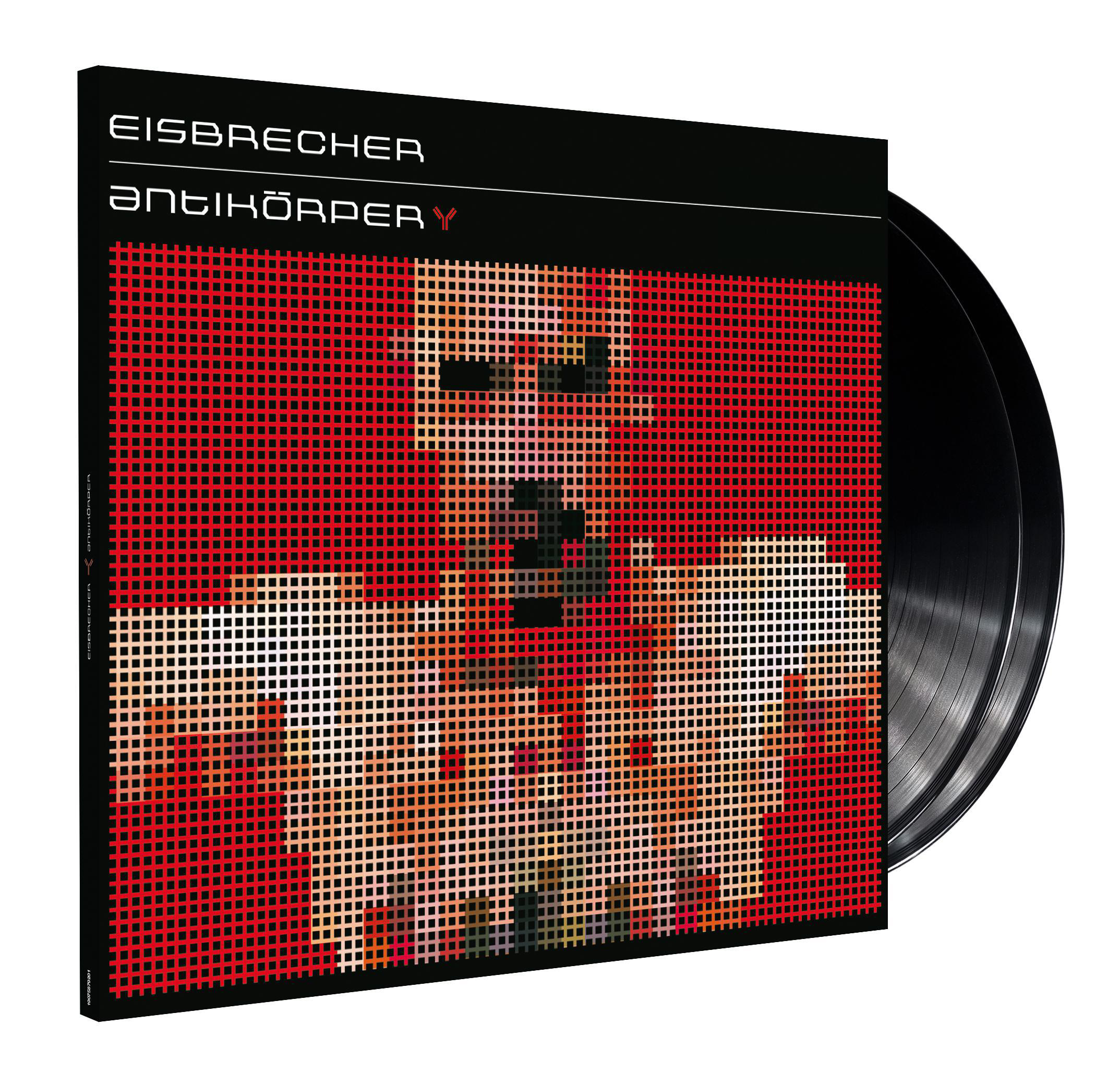 Albumcover mit dem Bandnamen EISBRECHER, Albumtitel ANTIKÖRPER und zwei schwarzen Vinyl-Schallplatten.