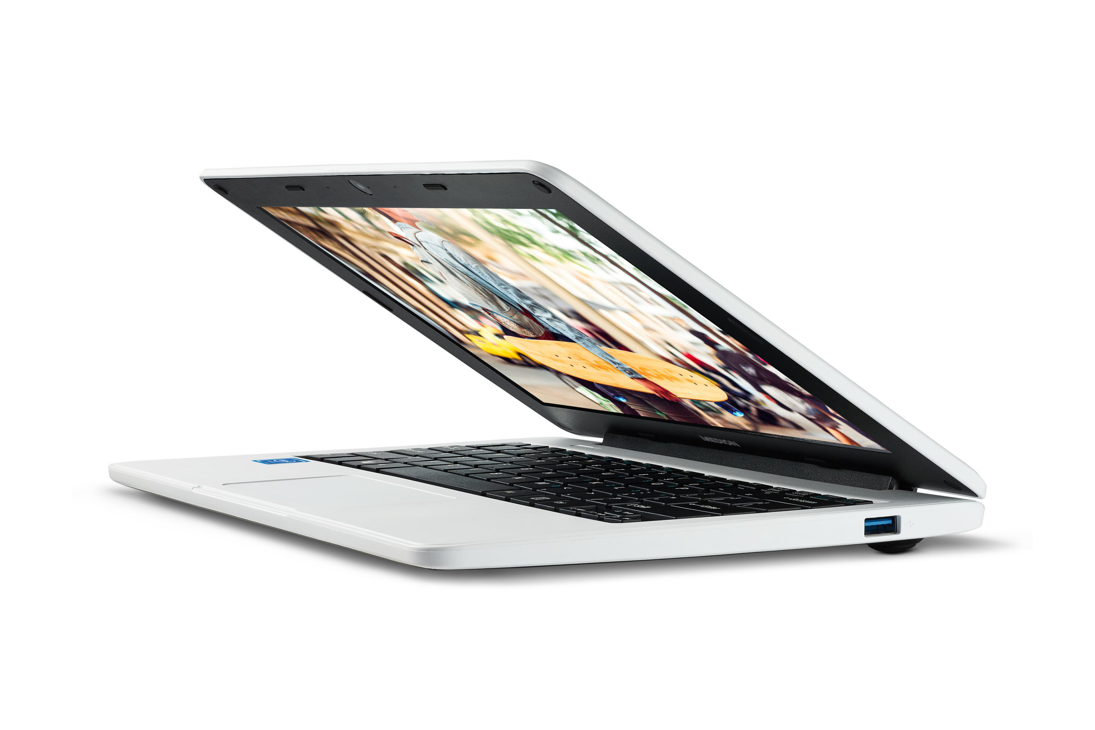 Weißer Laptop mit geöffnetem Bildschirm, der ein Bild zeigt, schräge Ansicht.