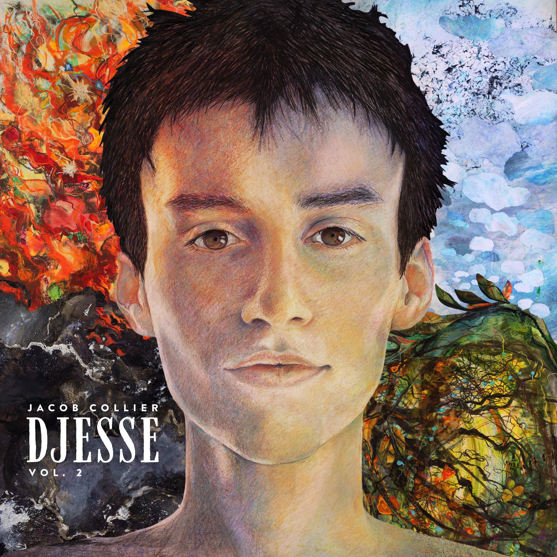 Albumcover: Das Gesicht eines Mannes mit buntem Hintergrund. Titel: Djesse Vol. 2 von Jacob Collier.