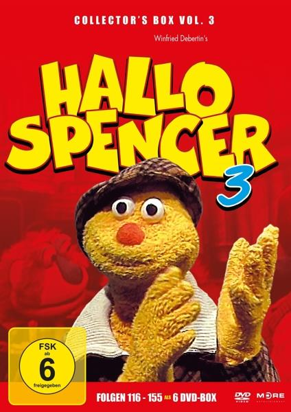 DVD-Cover: Gelbe Puppe von 'Hallo Spencer 3' mit rotem Hintergrund und Text.