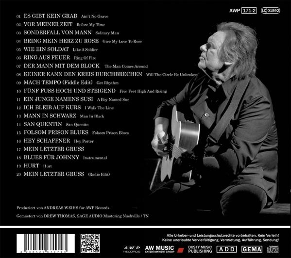Albumcover mit Trackliste, Sänger mit Gitarre und schwarz-weißem Hintergrund.