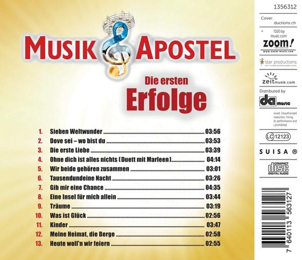 CD-Cover von 'Musik Apostel' mit Titelliste und Albumtitel auf weißer Oberfläche.