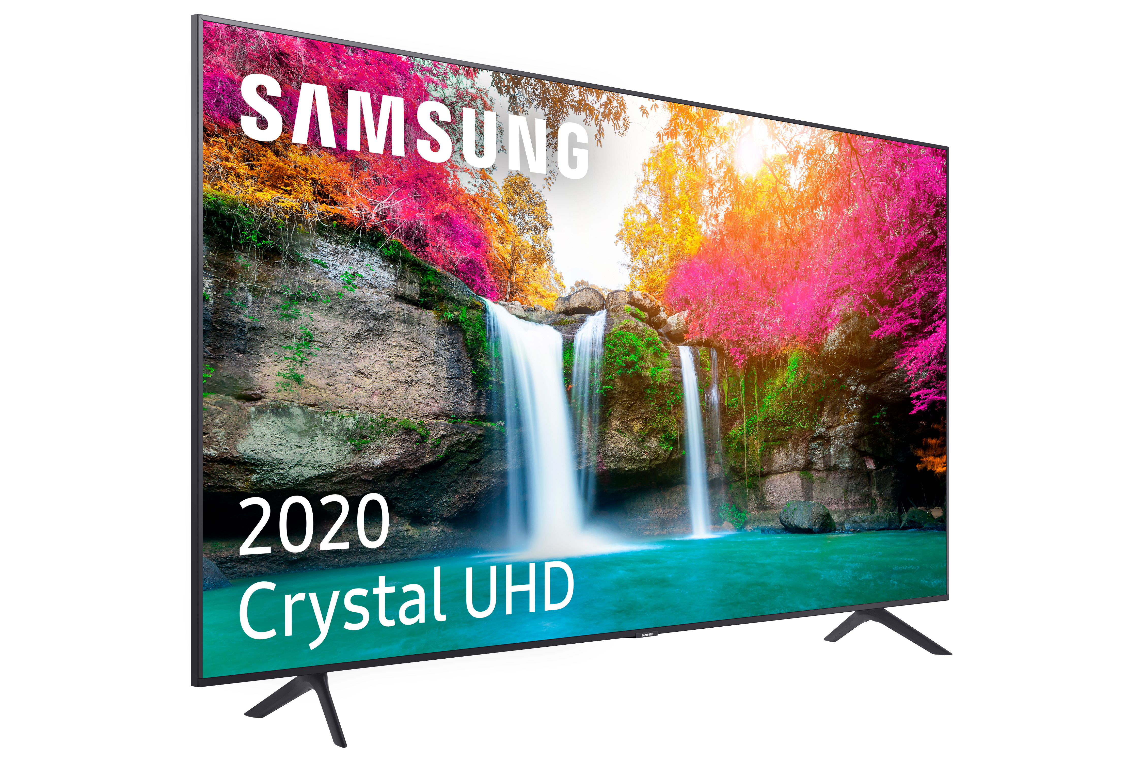 Un televisor Samsung muestra una escena de cascada con follaje rosa y verde. El televisor es negro con las palabras 'SAMSUNG', '2020 Crystal UHD'.