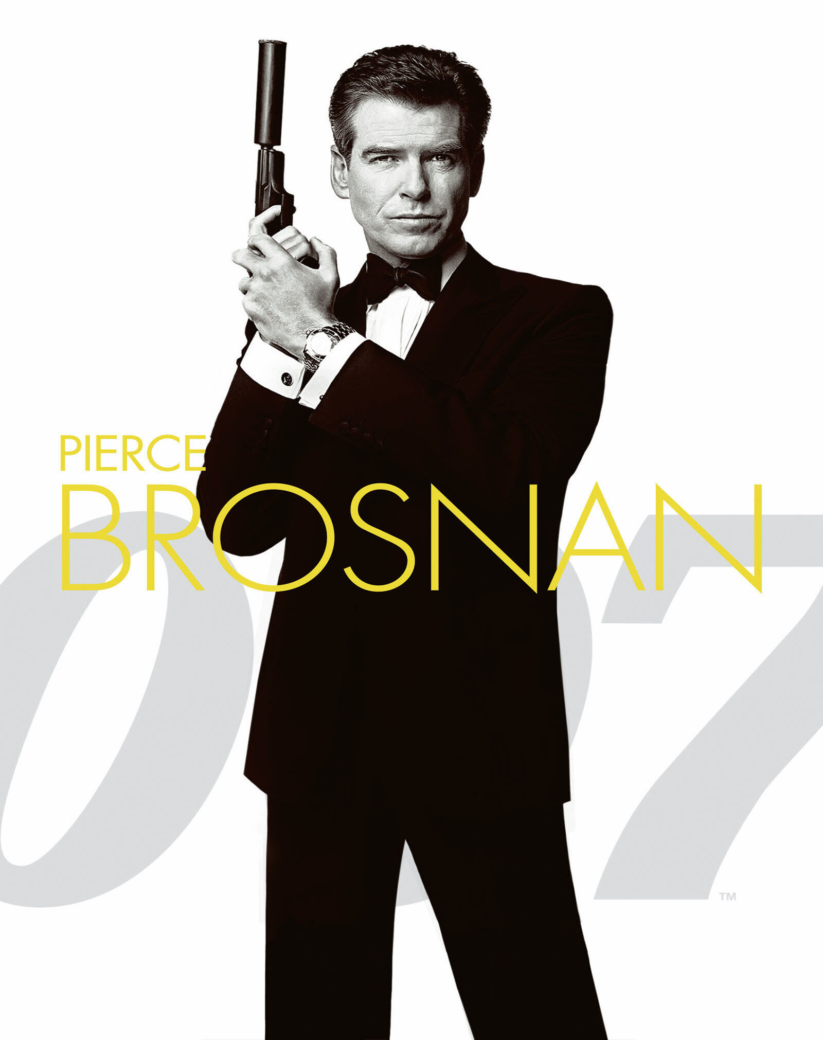 Pierce Brosnan in een zwart pak, met een pistool. De achtergrond is wit met het "007" logo.